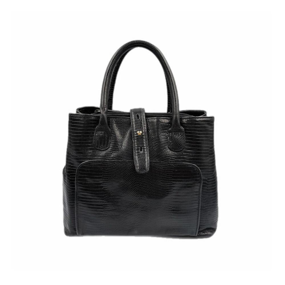 Susan Gail Vintage Black Faux Lizard Turn Lock Gold Leather Shoulder Bag Purse
